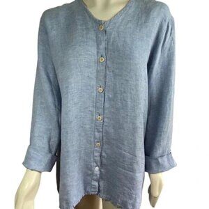 FLAX 100% Linen Laghenlook Blue Chambray Buttondown Shirt L